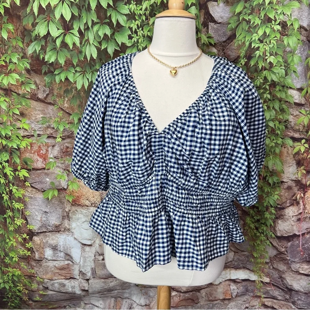 NWT OLD NAVY Blue and White Peplum Waist Gingham Check Puff Sleeve Blouse, 3X
